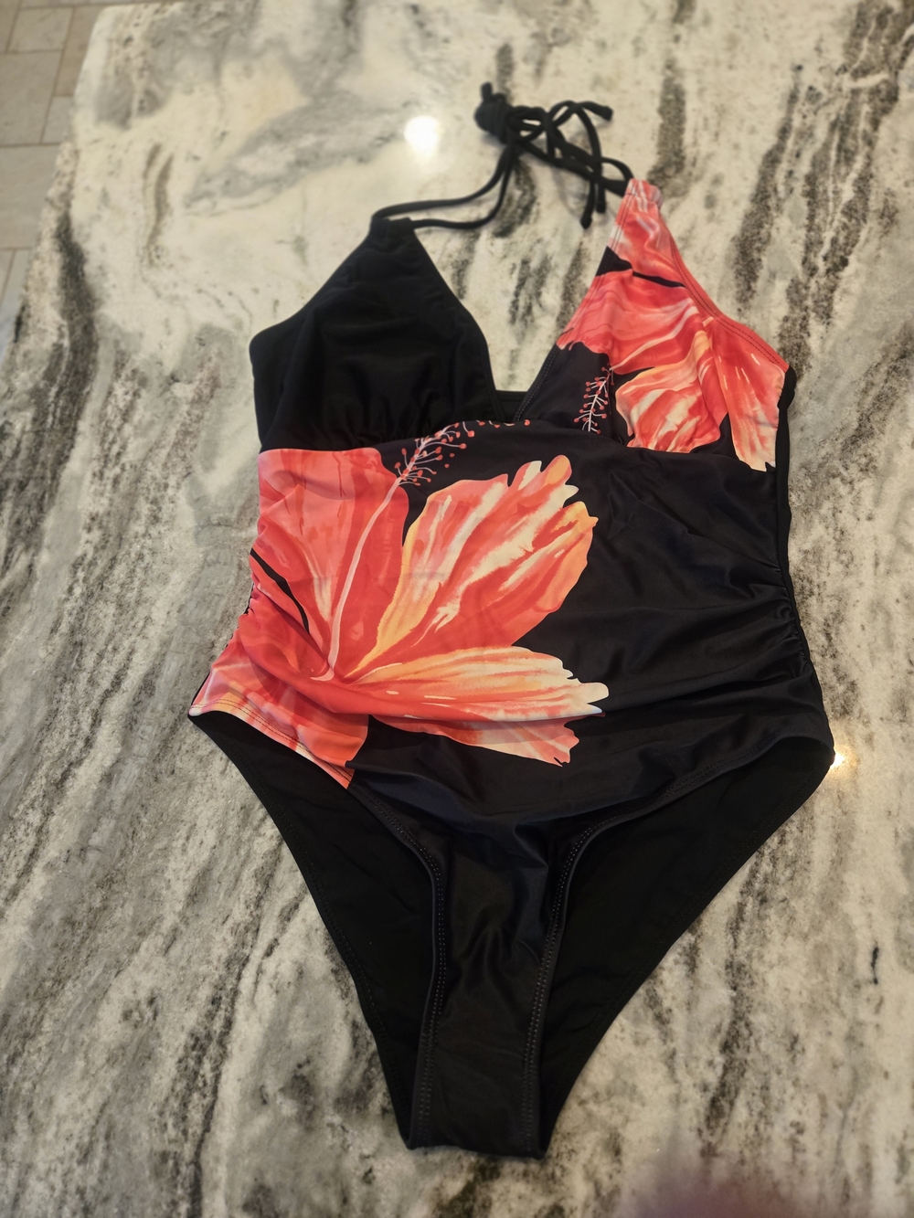 Unlisted Black One-Piece Swimsuit with Coral Floral Print